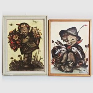 Vintage HUMMEL Framed Prints Children Flowers Rabbits Boy Girl Goebel Set of 2‎
